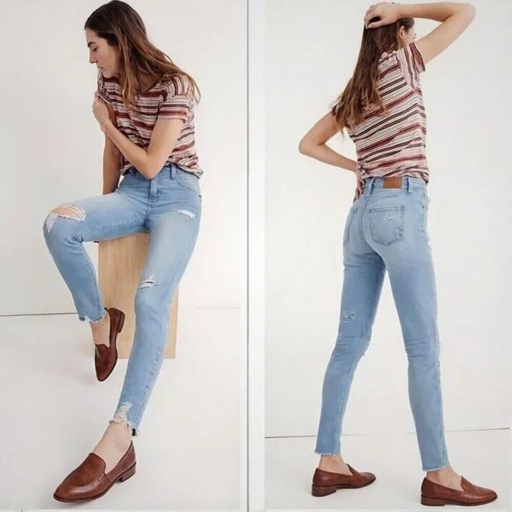 Madewell 9" High Rise Skinny Jeans Destructed Hem  Kaihara Light Wash Size 25